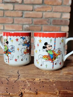 Vintage Mickey and Friends Carousel Porcelain Mugs, set of 2